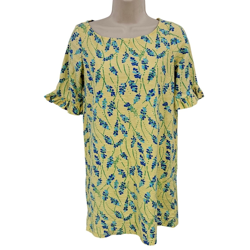 Lilly Pulitzer Dress Women M Yellow Floral Ruffle Sleeve T-Shirt Shift‎ Knit